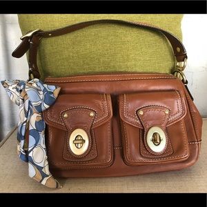 Coach, brown leather purse + Coach blue bow